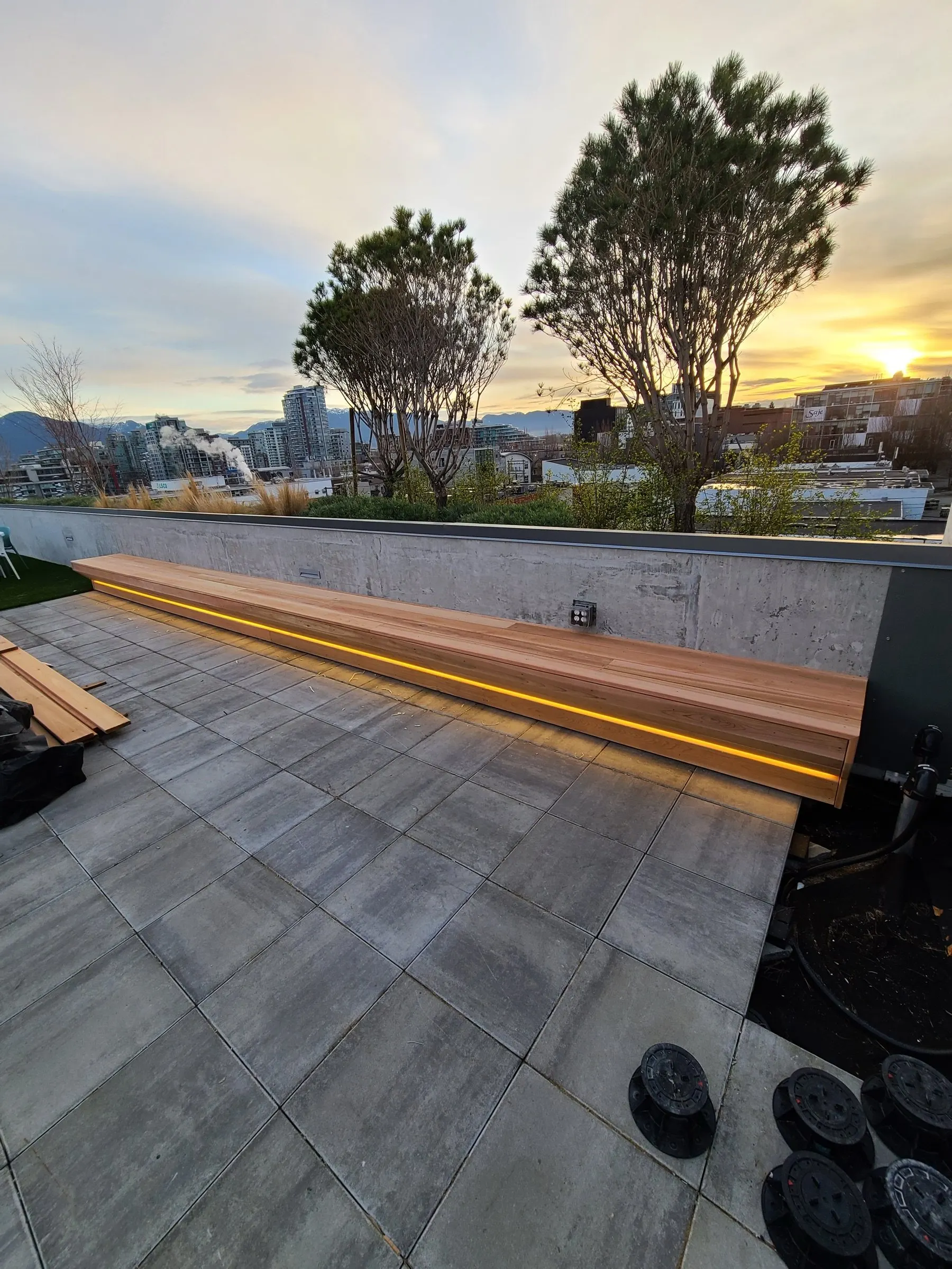 Terrace seating — Cedar, at dusk